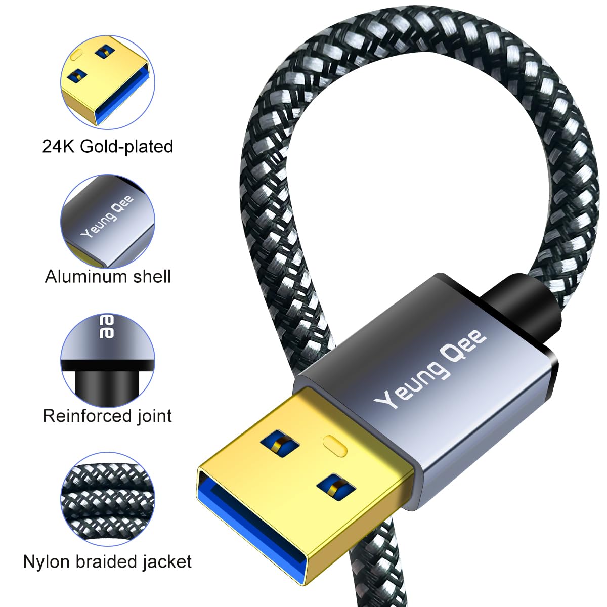 Yeung Qee 3.0 3 3.0 (3ft) USB A to USB B Cable ft,Nylon Braided USB Cable Type A Male to B Male Printer Cable