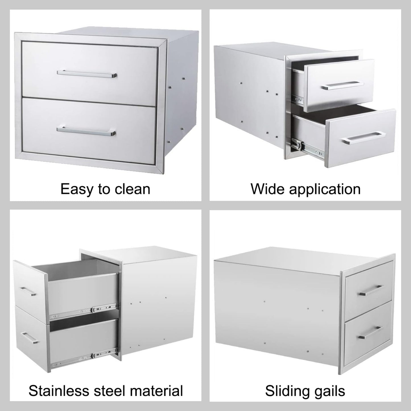 ZHAIUPON Outdoor Kitchen Access Drawers, 14" W15"H23"D Stainless Steel Double BBQ Drawers with Handle,Enclosed Built-in Flush Mount Drawers for Outdoor Kitchen Grilling,BBQ Island