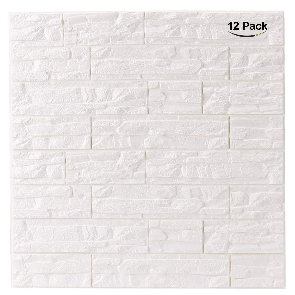 3D Brick Textured Pattern Wall Panels Wallpaper Self-Adhesive PE Foam Waterproof Modern Style for Living Room Bedroom Kitchen Wall Covering Background Decoration 12PCS=46.5SQ.FT(12PCS, White)