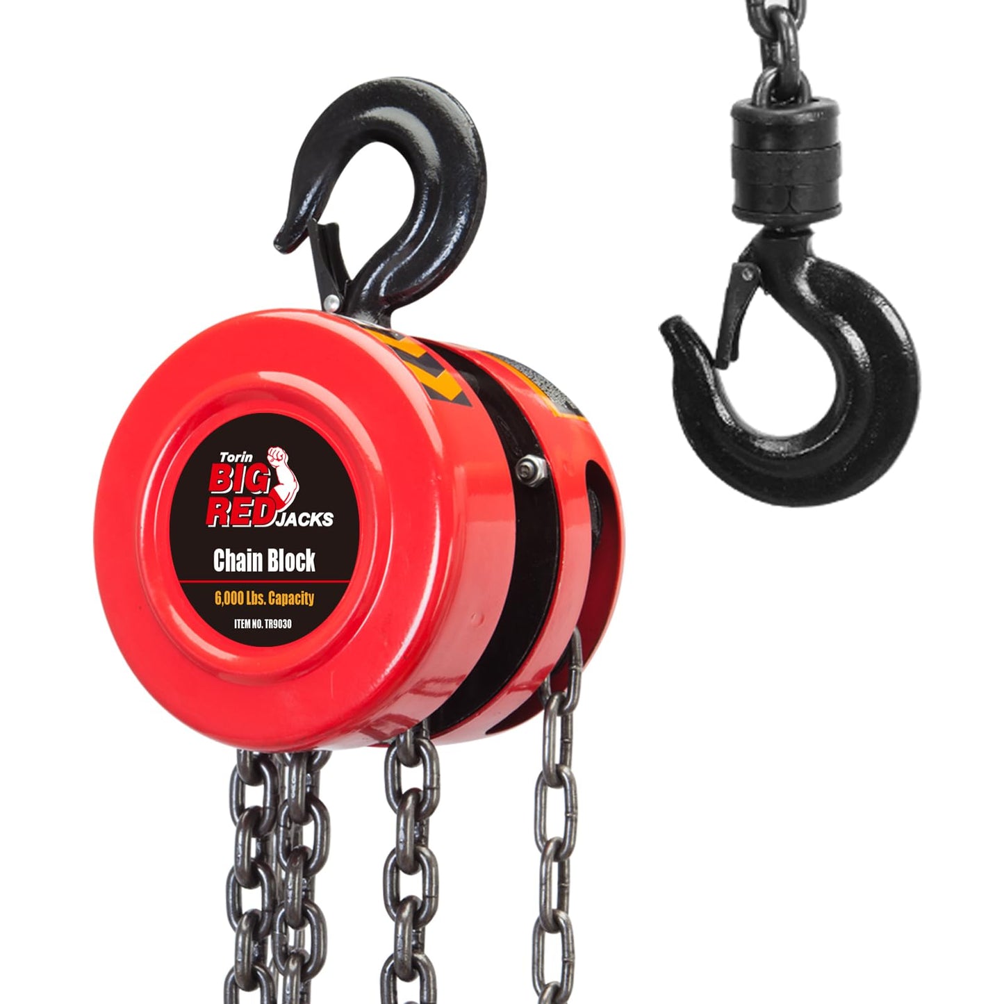 BIG RED TR9030 Torin Manual Hand Lift Steel Chain Block Hoist with 2 Hooks, 3 Ton (6,000 lb) Capacity, Red