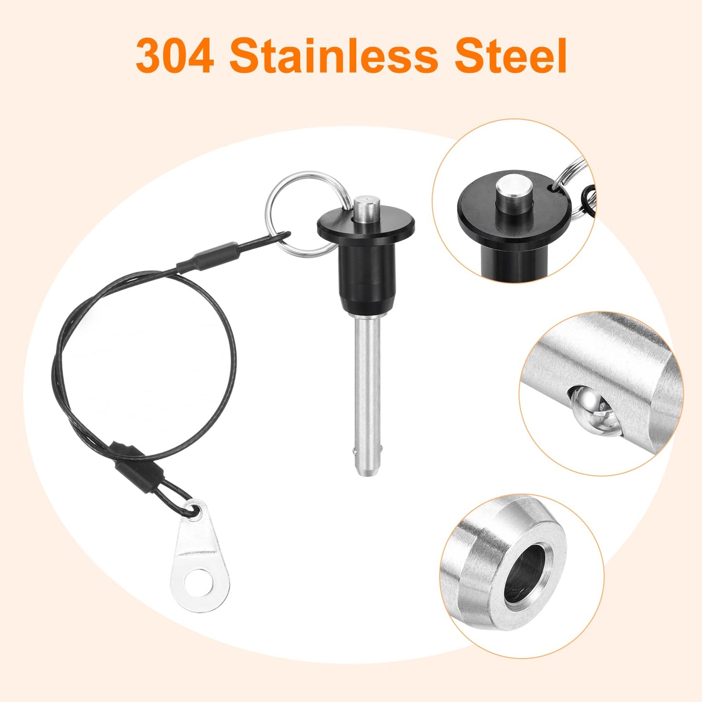 uxcell 2 Pcs Quick Release Pin, 1/4" x 1.42"(Dia. x L) Ball Locking Pin with Push Button 304 Stainless Steel Ring Handle Locking Pin with Wire for Audio Bimini Top Marine, Silver