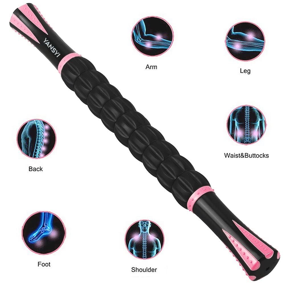 YANSYI Professional 9-Roller Deep Tissue Massage Stick - Portable Muscle Recovery Roller for Athletes, Relieves Post-Workout Soreness & Leg/Back Pain - Portable Physio Tool (Pink)
