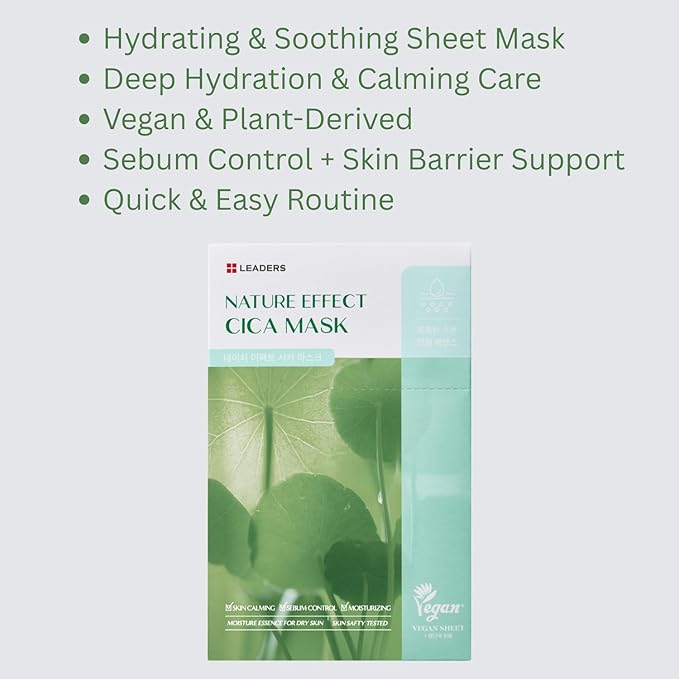 LEADERS Nature Effect Cica Mask ??Hydrating & Soothing Face Mask with Cica & Tea Tree Extracts for Healthy Skin, Skin Calming & Moisturizing, Vegan & Plant-Derived, Sebum Control - 10 Sheets