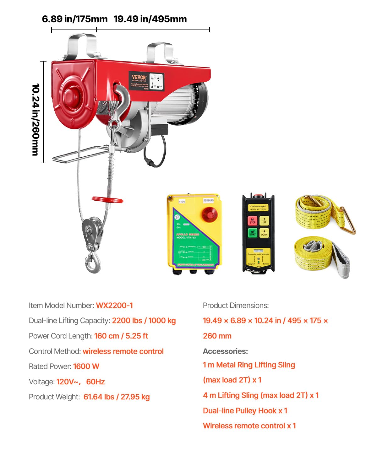 VEVOR 2200lbs Electric Hoist with Wireless Remote Control,110v Electric Hoist with Remote Control, 40ft/20ft Lifting Height & Motor, for Garage Warehouse Factory