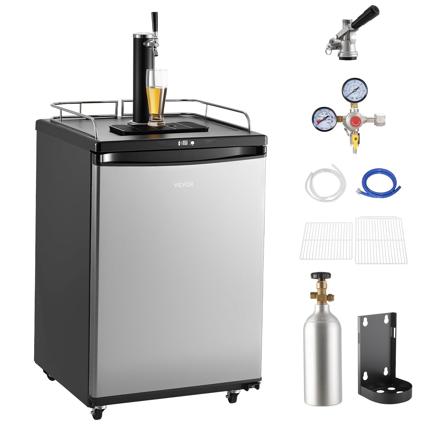 VEVOR Beer Kegerator, Single Tap Commercial Draft Beer Dispenser for D system, Full Size Keg Refrigerator with 5lbs CO2 Tank, Hold 2 Sixth / 3 Ball lock keg, Silver