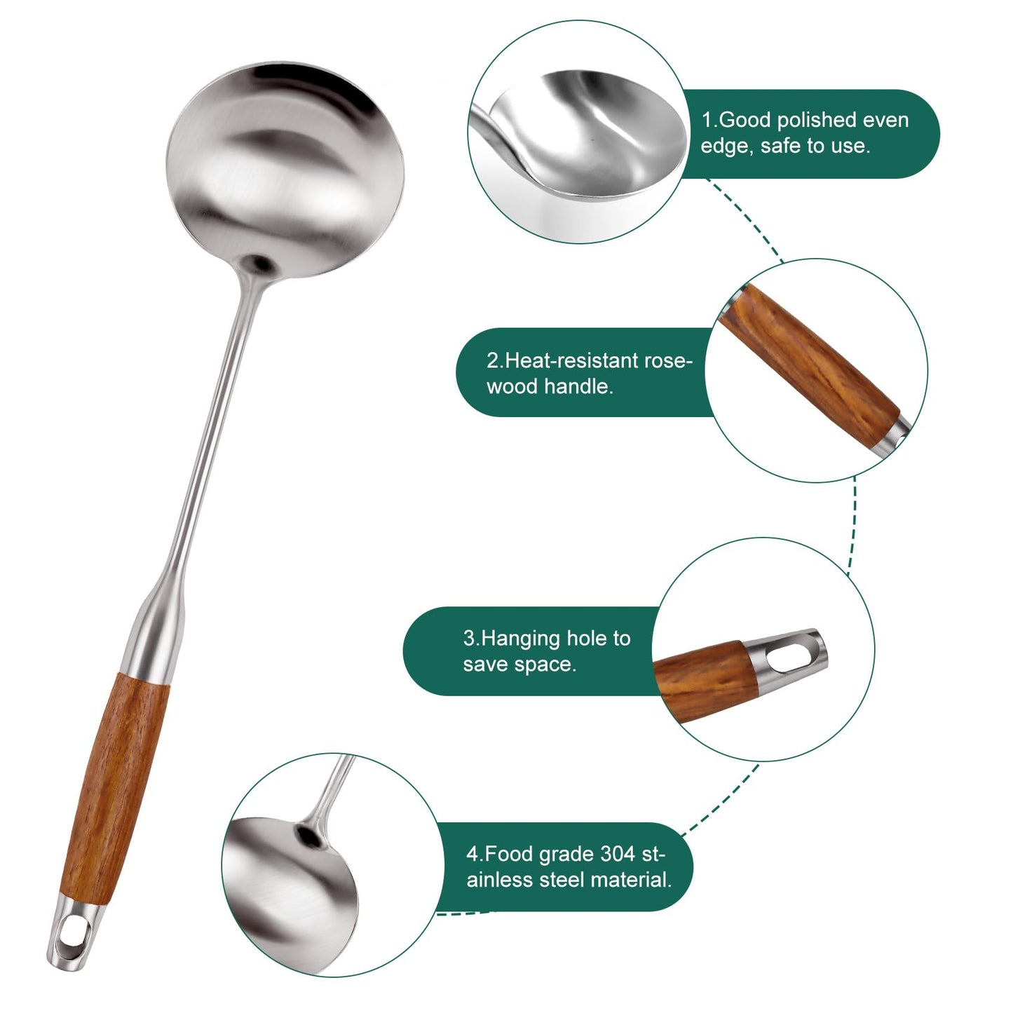 2PCS Soup Ladle Stainless Steel and Slotted Spoon Set, 304 Wok Utensils Set with Wooden Handle, Metal Strainer Spoon for Cast Iron/Carbon Steel Wok
