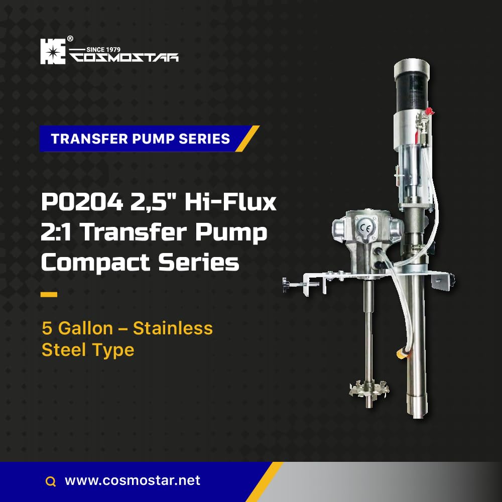 COSMOSTAR P0204 2:1 Oil/Chemical Pneumatic Transfer Pump 5 Gallon U Shape Cover Mounting with M0707 Agitator Mixer, Paint Circulation Series, (Stainless Steel, 5 Gallon Drum, Paint Mixing)