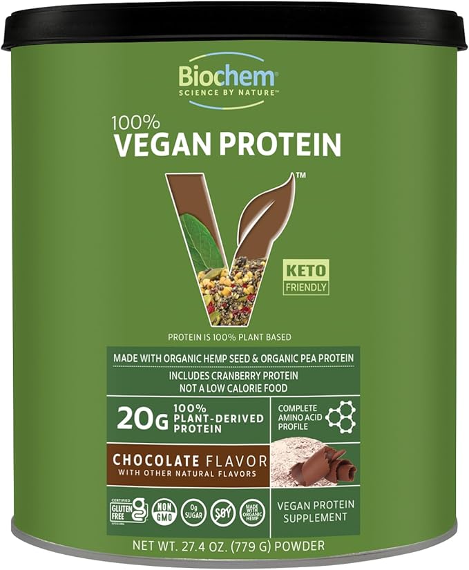 Biochem 100% Vegan Protein, Natural Amino Acids, Gluten Free, Keto, Non Whey, Pea & Hemp Protein Powder for Women and Men, 24 Servings 2 LB (Chocolate)