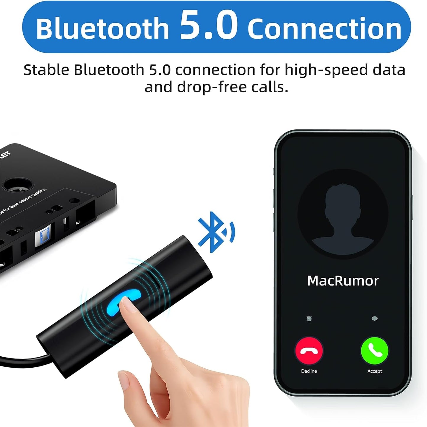 Mersoco Cassette 5.0 Cassette Car Bluetooth Reciver, Tape Player BT Aux Adapter with Hands-Free