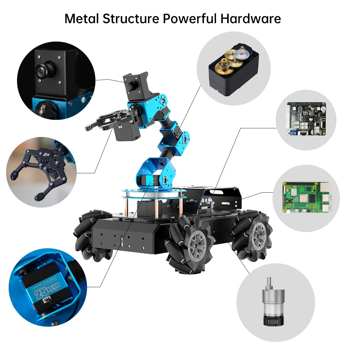 LewanSoul ROS Robotic Arm with Raspberry Pi 5 8GB Open Source Programming FPV AI Vision 6DOF/Axis Smart Robot Kit, 4WD Mecanum Wheel Big Chassis, ArmPi Pro with RPi 5 8GB