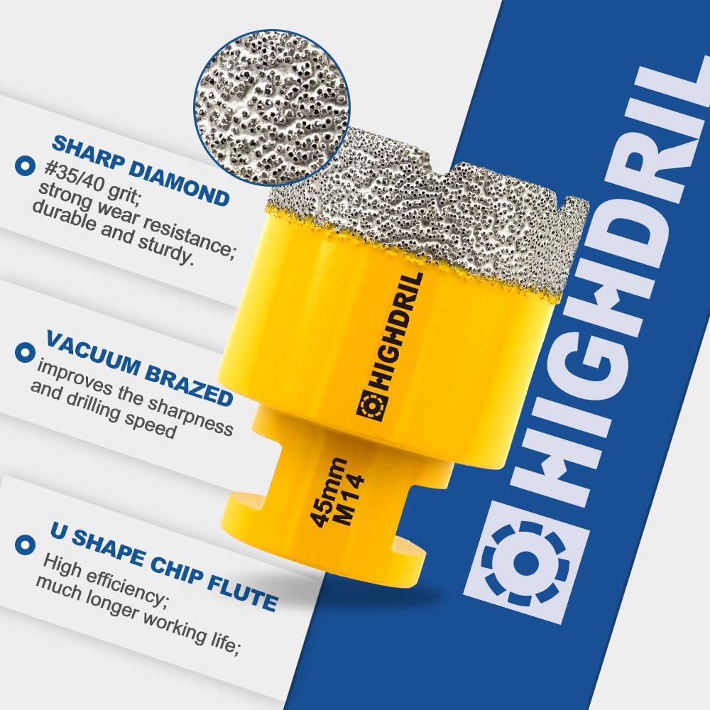 HIGHDRIL Diamond Hole Saw Kit - 6/6/8/20/25/35/50/75/100mm Drill Bits, 20mm Finger Bit, 50mm Chamfer Bit, SDS Plus Adapter, 12Pcs Diamond Core Drill Bit Set for Porcelain Ceramic Tile Granite Marble