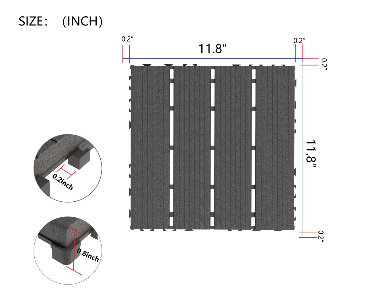 44-Pack Interlocking PP Deck Tiles, 12"x12"x 0.8" Waterproof Flooring, All-Weather Anti-Slip Patio Tiles for Indoor/Outdoor,Poolside, Garden, Balcony, Patio – Easy DIY Installation,Dark Gray B