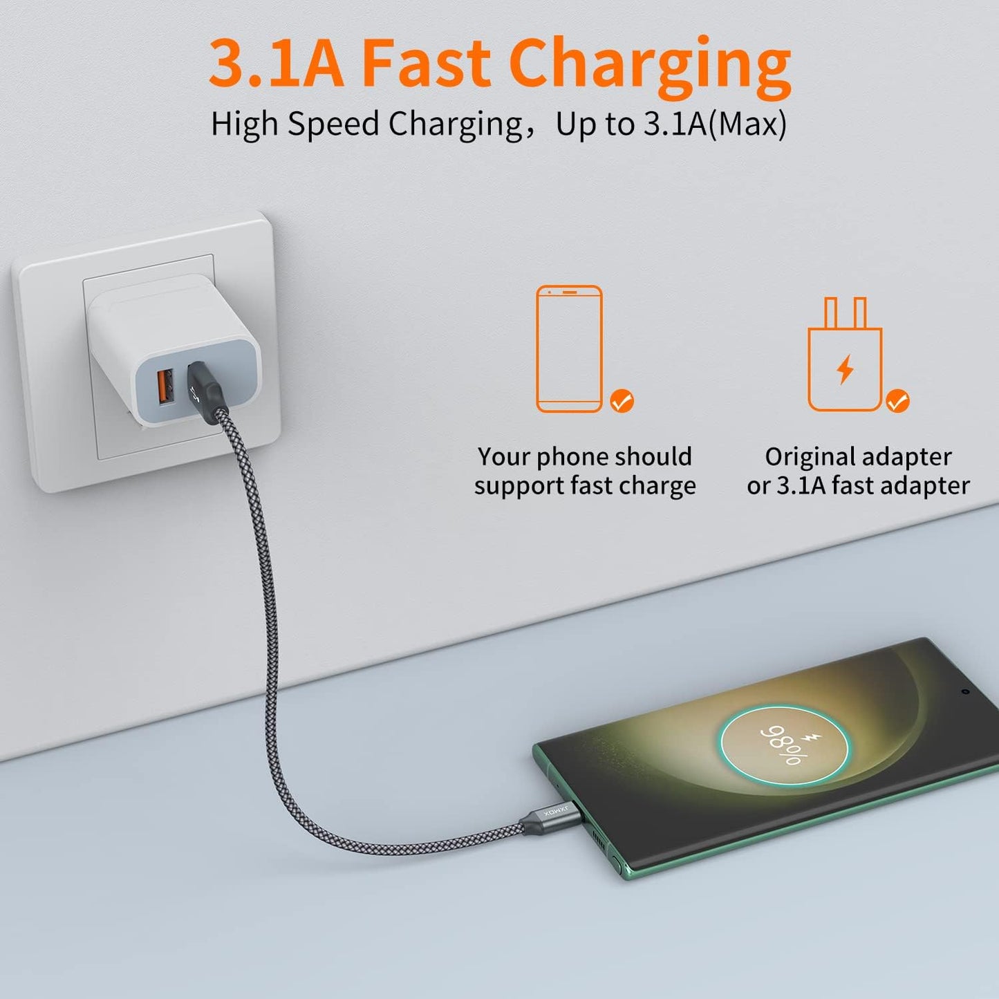 (1ft 3-Pack), 3.1A 15 16 S22 S21 S20 S10 S9, 20 10,A80 A70 A50,Power JXMOX Short USB C Cable USB A to Type-C Charger