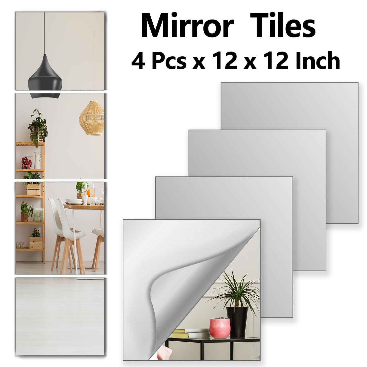 Shatterproof Wall Mirror Full Length for Bedroom, Acrylic Gym Mirrors For Home, Extra Thick: 0.12 inch, 12 x 12 inch x 4 Pcs, Workout Mirrors Safe for Kids, Over The Door, Long Wall Mounted