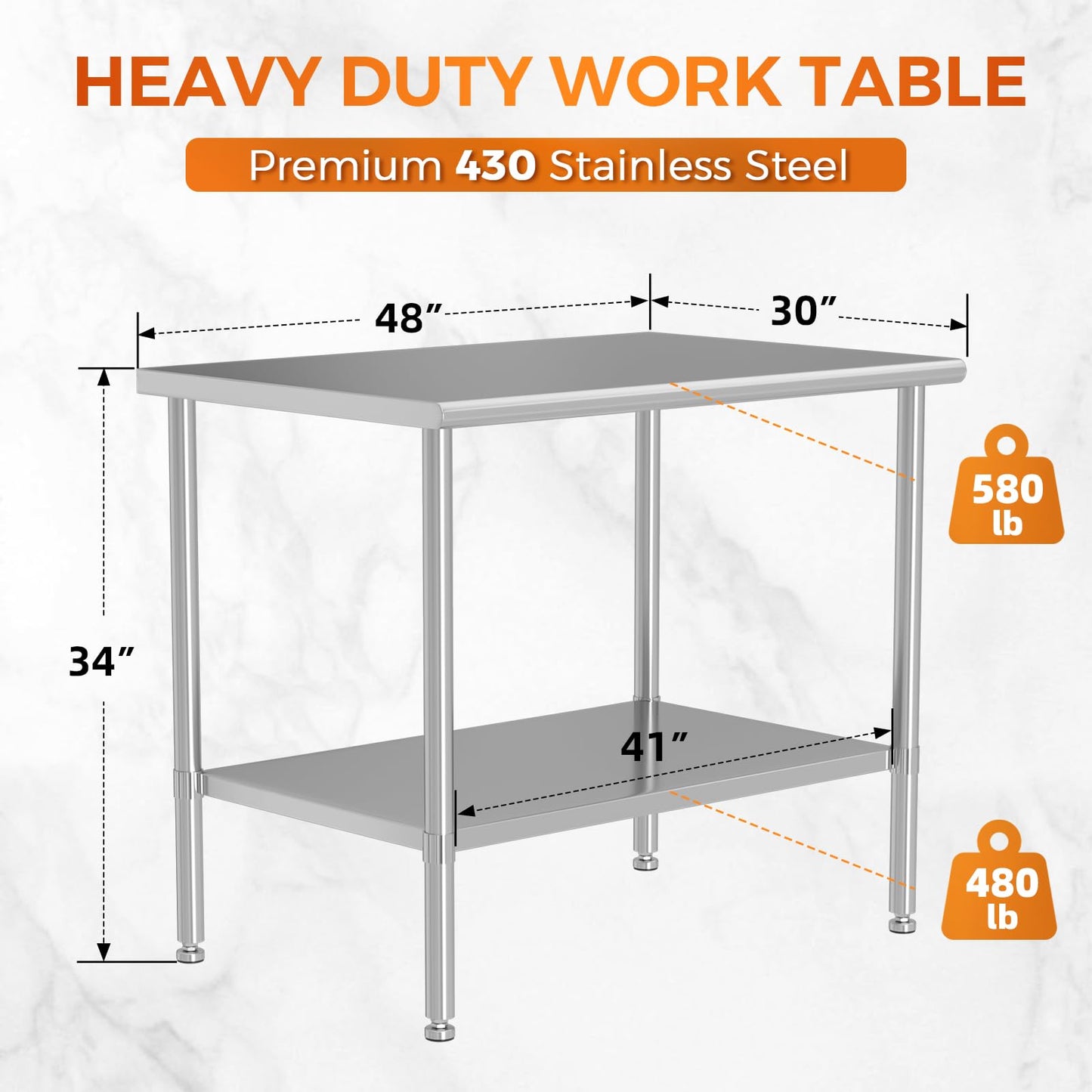 HOCCOT All Stainless Steel Work Table, Heavy Duty Prep Table 30x48 Inch with Stainless Steel Undershelf & Replaceable Feet(Without Casters) Commercial Workstation for Restaurant Kitchen Garage Outdoor