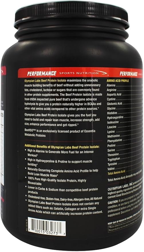Olympian Labs Beef Protein Isolate Powder, 24g Protein, BST Free, 2 Grams BCAA's, Muscle Building Amino Acids, 1 Pound, Flavored with Real Chocolate
