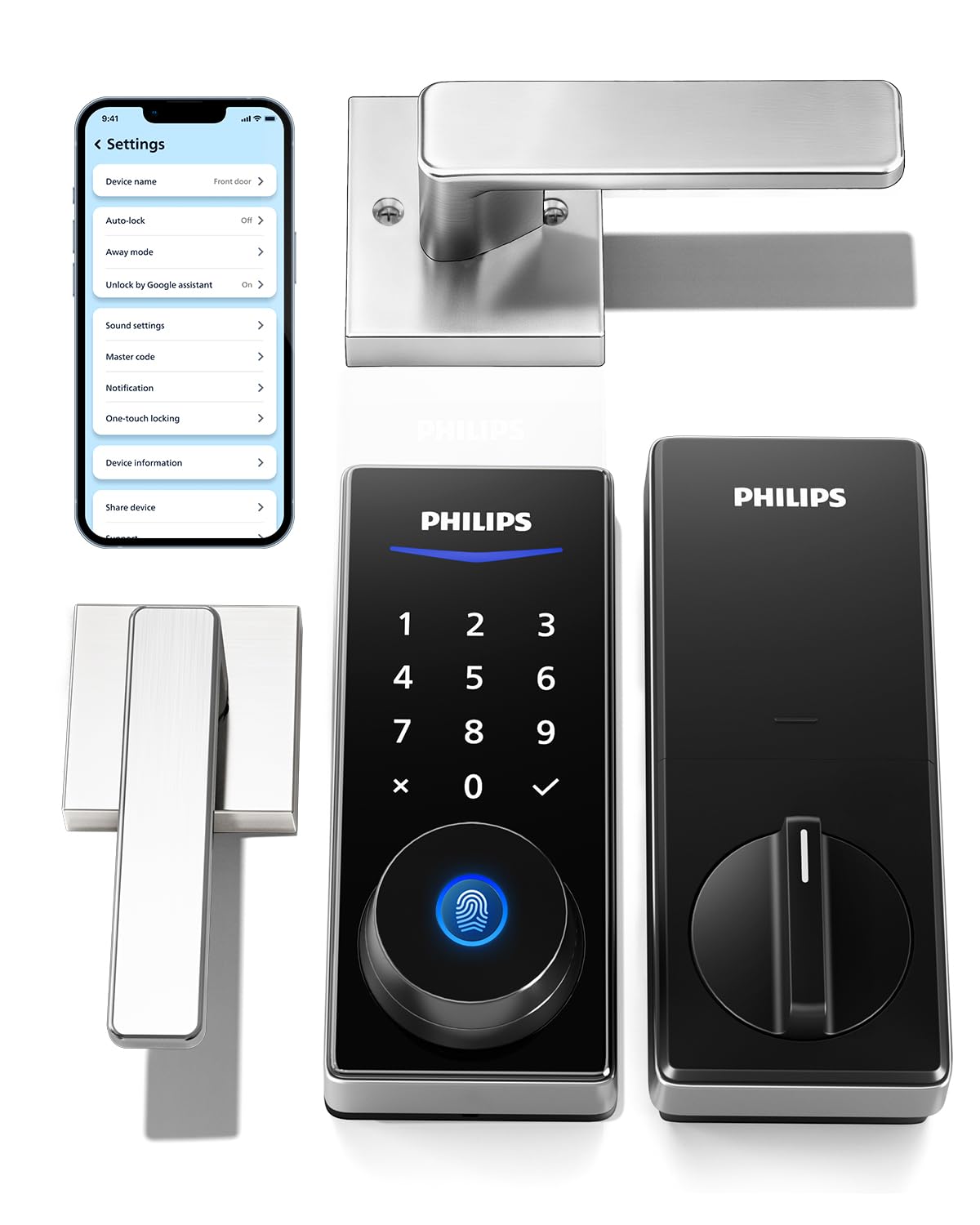 Philips Smart Lock with Handles, Smart Door Lock with 2 Level Handles, Keyless Entry Door Lock Set, Digital Keypad Deadbolt for Front Door, App Fingerprint PIN Code Unlocking, Auto Locking