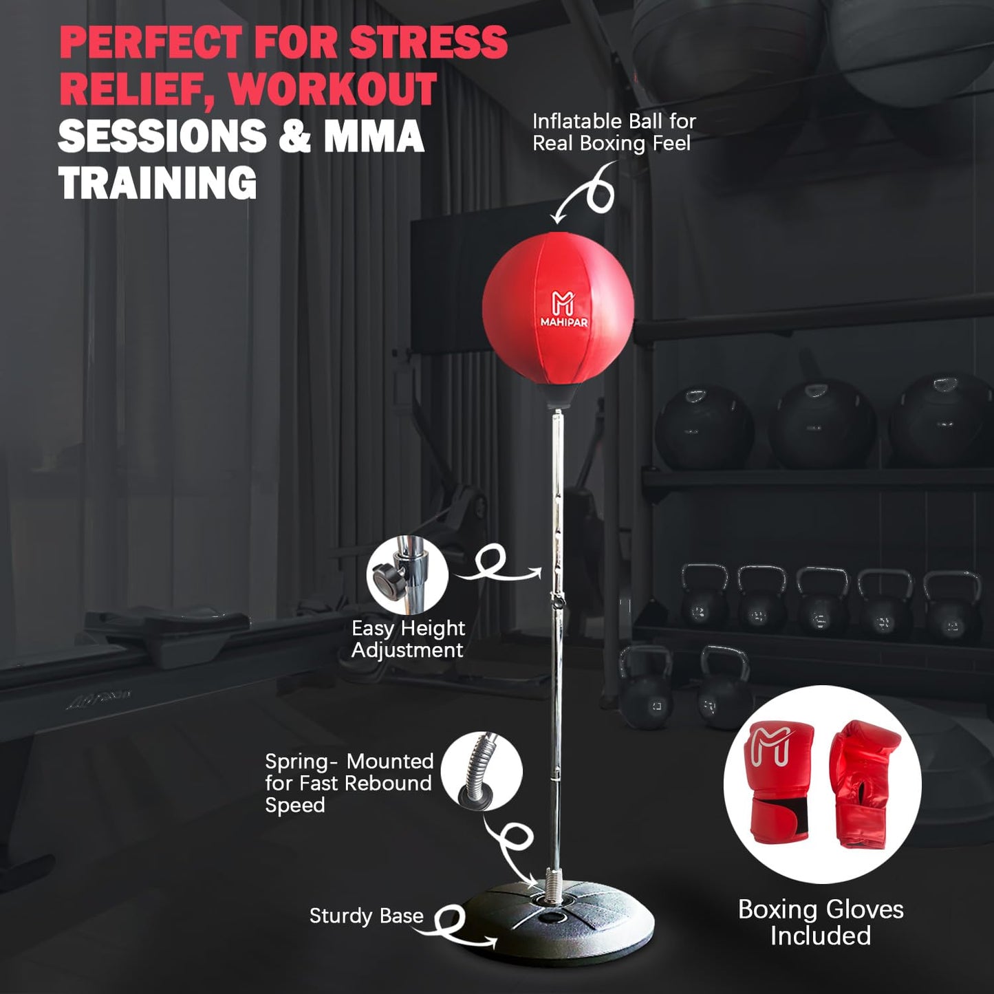 MAHIPAR Punching Bag with Stand for Adults & Teens - Heavy Punching Bag, Boxing Bag & Boxing Equipment Set with Reflex Bag, Speed Bag & Gloves - Adjustable Height for MMA, Kickboxing & Cardio Training