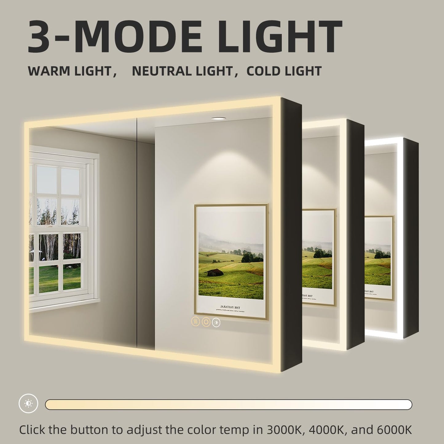 Buruis 40 x 32 Inch Medicine Cabinet with LED Lights and Mirror, Recessed/Wall Mounted Bathroom Cabinet, 3-Color Light, Defogger, Memory Function, Outlet & USB, Dimmer, Black
