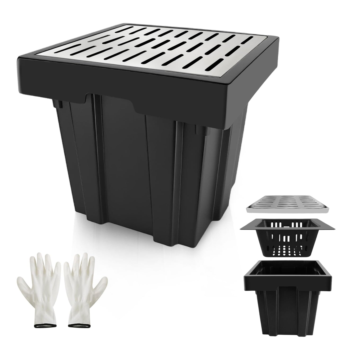 18x18x15 Inch Catch Basin with Stainless Steel Grate, Large Drainage Basin with Debris Basket, French Drain Basin Without Reserved Hole for Yard, Patio, Downspout, Commercial, Municipal Pipeline, Lawn
