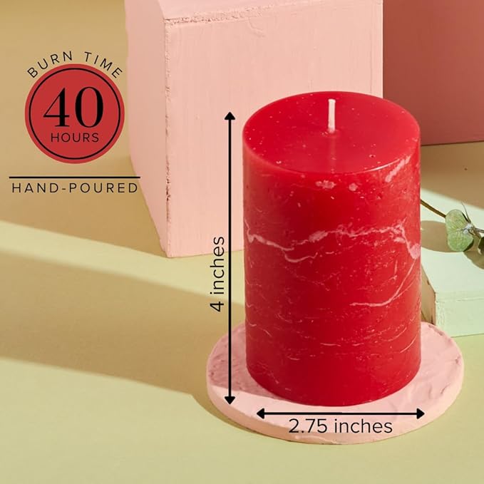 Simply Soson Red Rustic Texture Pillar Candles - 3x4 inch Set of 3 - Unscented Decorative Large Candles for Home Decor, Weddings, Holidays