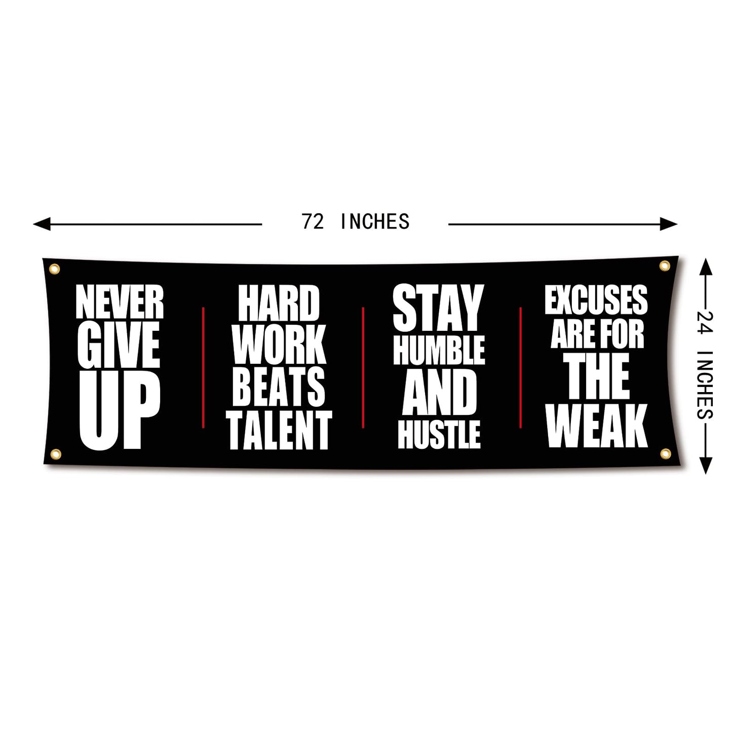 Motivational Gym Flag Banner - Never Give Up - 72x24 Inches Home & Garage Gym Wall Decor with 4 Brass Grommets for Easy Hanging