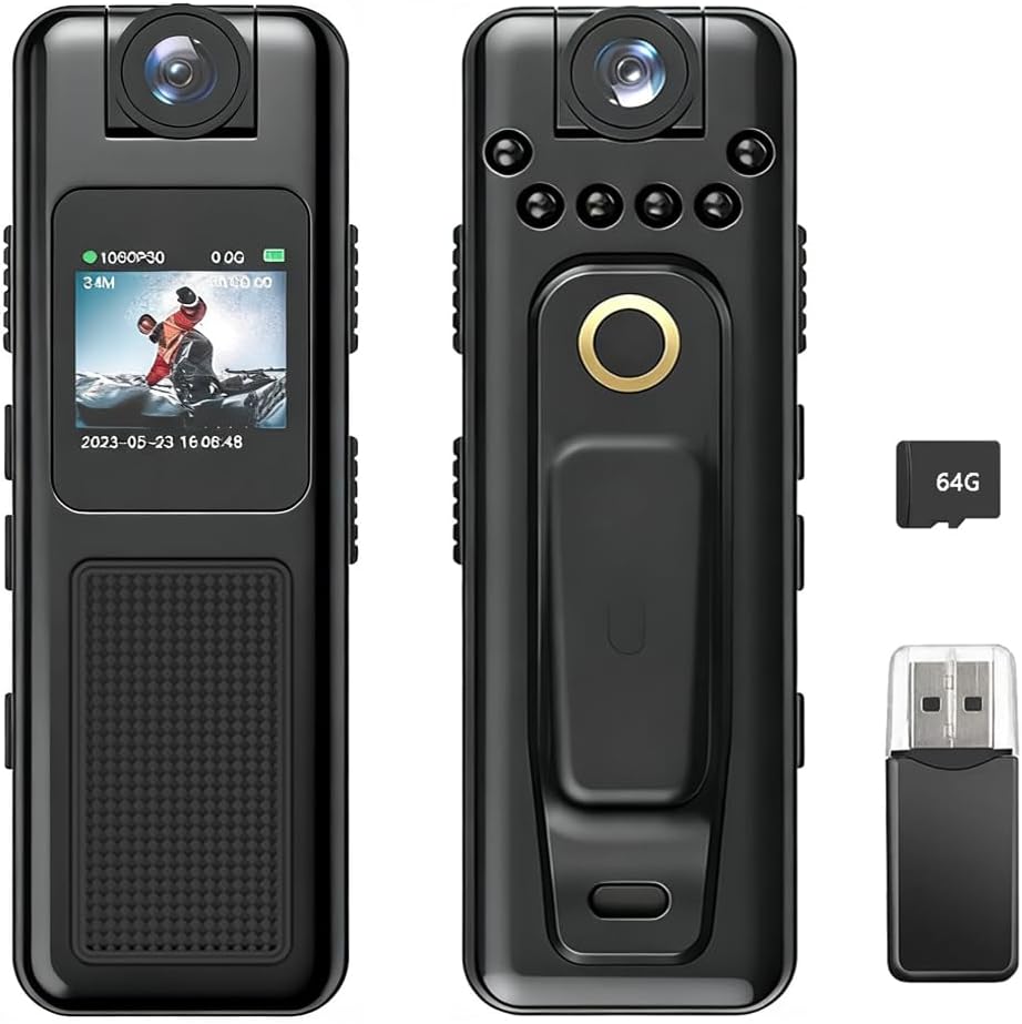 Fonykadpt 1080P 64GB 180, 0.85-inch Body Camera with Audio and Video Recording HD Video Voice Recorder, Body Cam