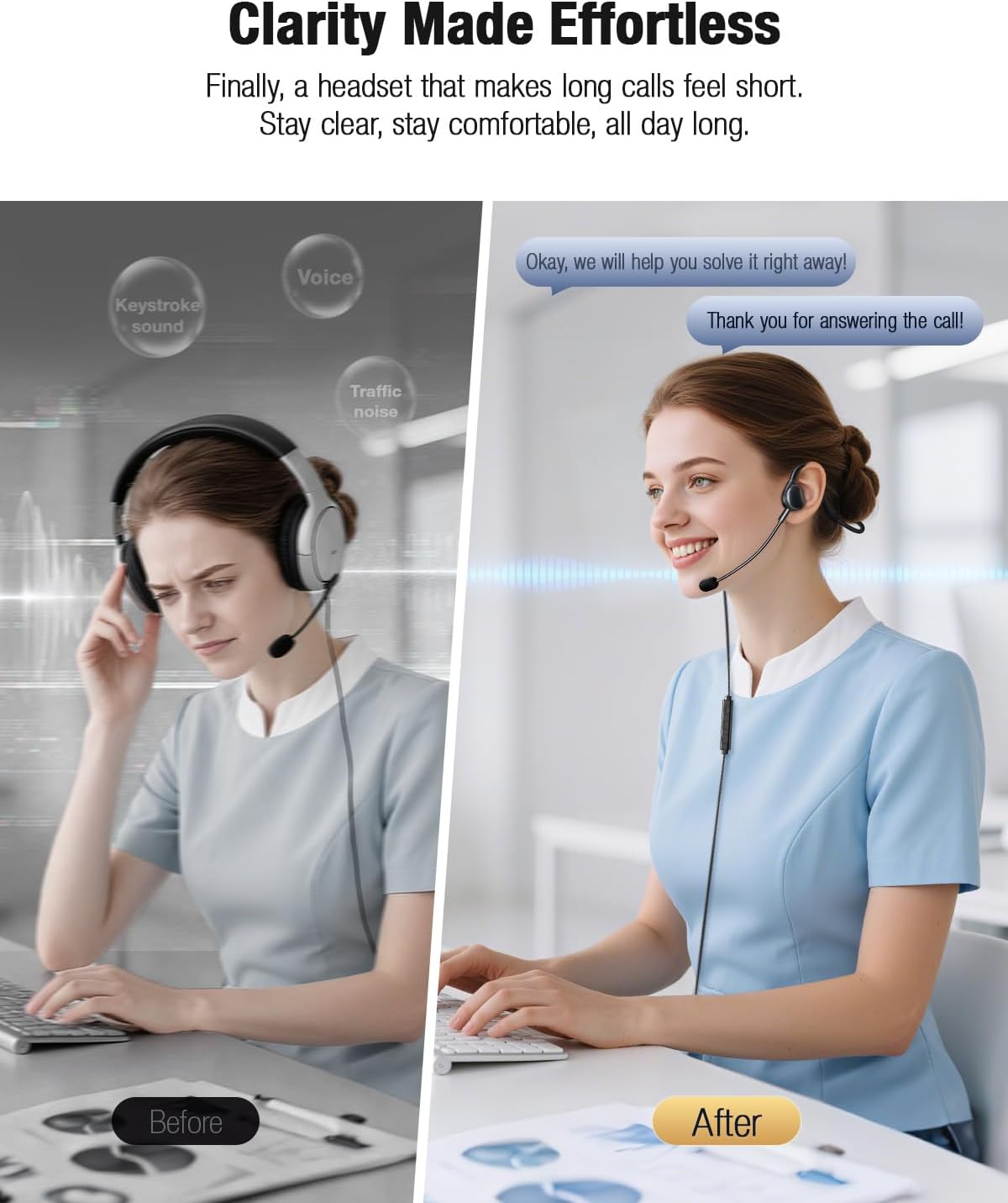 QOEKUEY Headset Headset USB with Mic for Call Center & Office Use - Open Ear Headphones for All-Day Comfort, Computer
