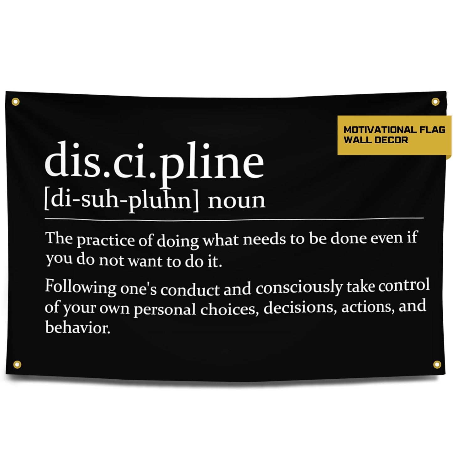 Gold Trident Flags Discipline Motivational Gym Banner – Discipline Poster for Gym, Dorm, Room, Home Workout Space – Cool Fitness Wall Decor – Durable Polyester, Double Stitched Flag – 3x5 Feet