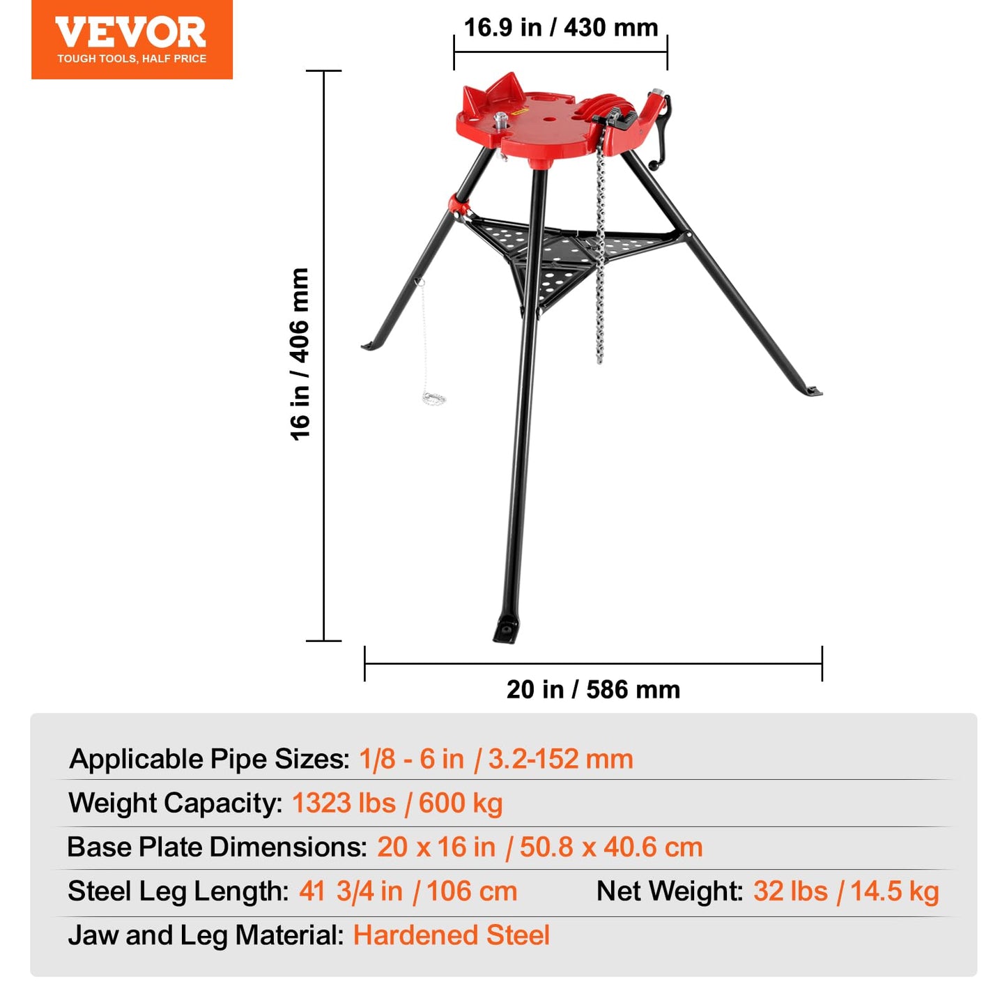 Mophorn 460-6 Tripod Pipe Chain Vise 1/8"-6" Capacity,Pipe Stand Portable Foldable Steel Legs,Pipe Jack Stands w/ Tool Tray, Tripod Stand Chain Vise Ideal for a Variety of Pipe Materials
