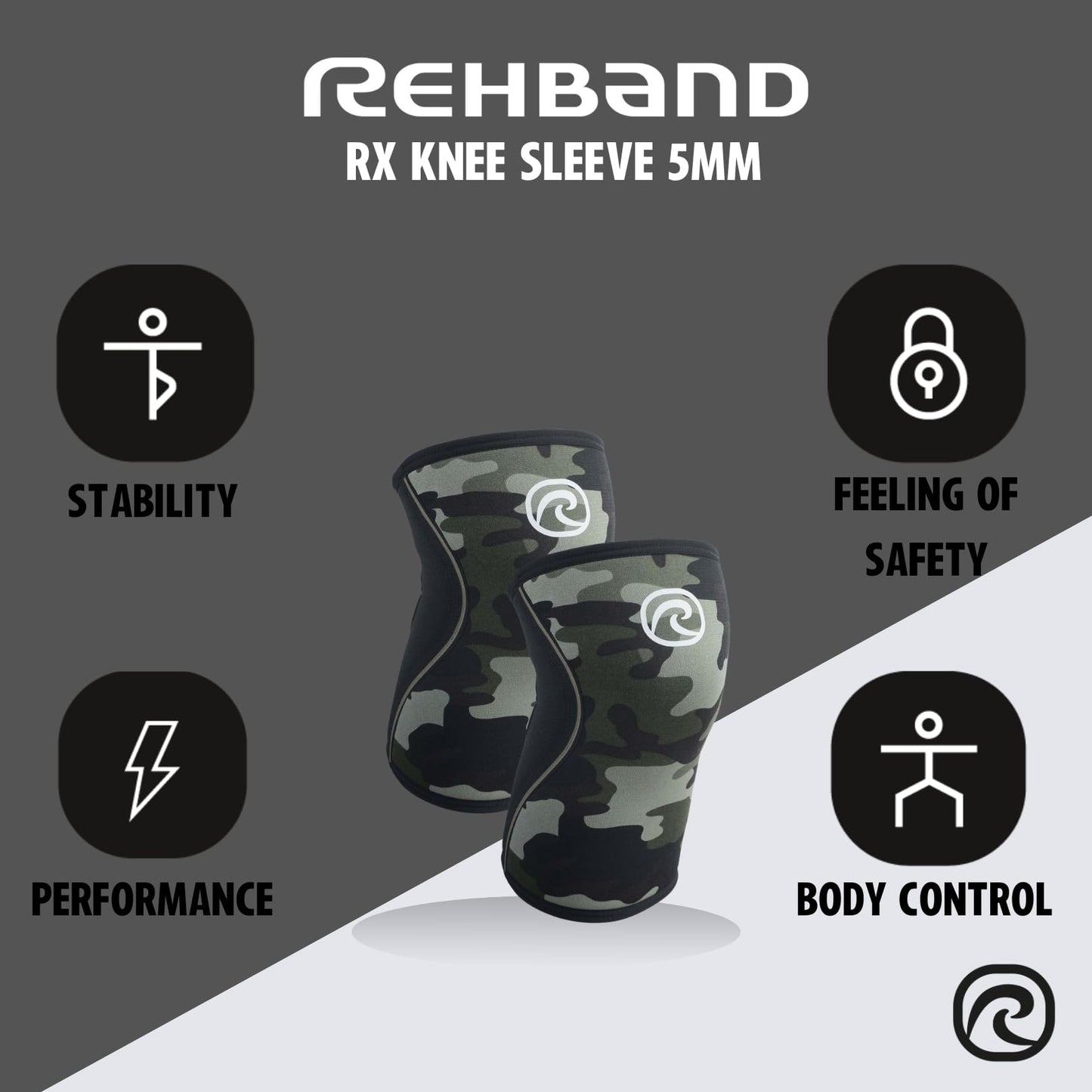 Rehband 5mm knee sleeve support for Cross Fit & heavy training, compression neoprene knee sleeve, feel stronger + more secure while workout, Colour:Camo - 1 Pair, Size:S