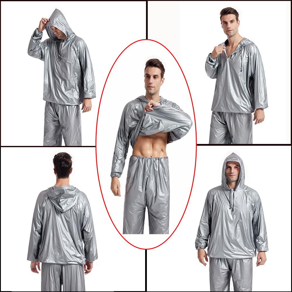 DawnBreak Sauna Sweat Suit for Women/Men with Hoodie Zipper Weight Loss Fitness Exercise Gym Workout Suit Top Pants Silver - 2XL