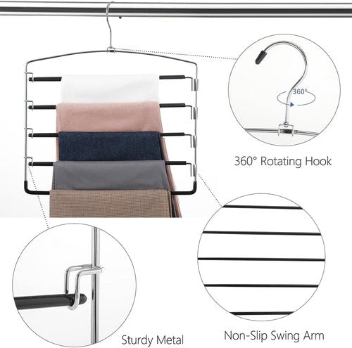 FeeraHozer Pants Hangers - Non-Slip Multi-Layer Swing Arm Design | Space-Saving Closet Organizer (Black, 3 Pack)