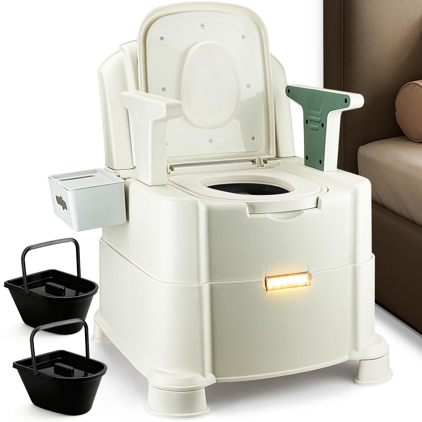 HygiVital Bedside Commode, 500lbs Heavy Duty & Upgraded Commode Toilet Potty Chair, Portable Camping Toilet, Detachable Armrests, Automatic LED Light, 2-Level Height, 3 Rolls of Commode Liners 【Green】