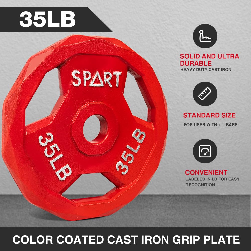 SPART Color Coded Weight Plate 105LB Combo Set, 2-Inch Cast Iron Metal Weight Plates for Barbell,Solid Cast Iron Olympic Weight Plates for Strength Training, Weightlifting, Crossfit