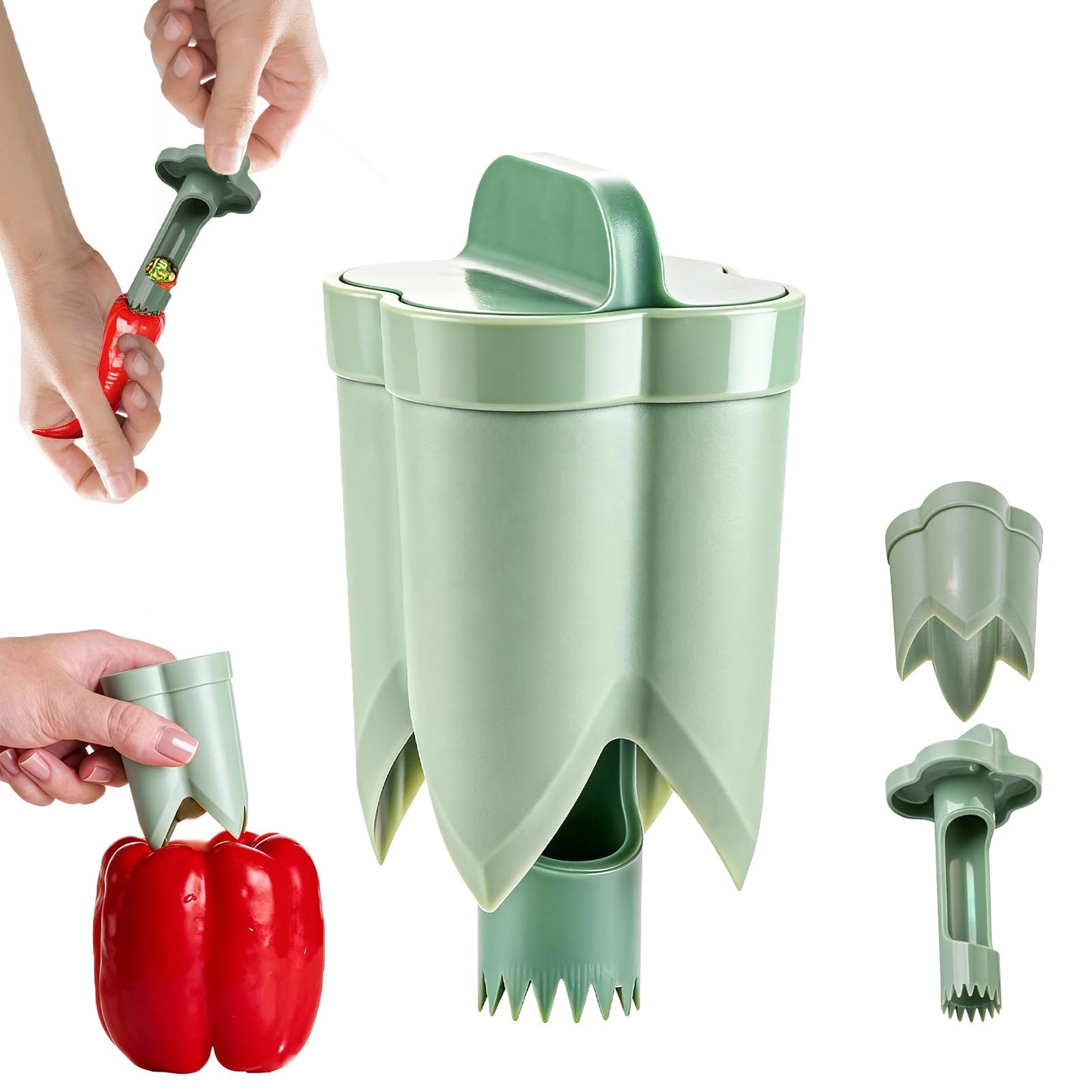 Pepper Corer,Chili Seed Remover Tool,Durable ABS Kitchen Gadget for Bell & Chili Peppers, 2-in-1 Design, Easy Twist Use, Ideal for Home Cooking, Camping(Green)