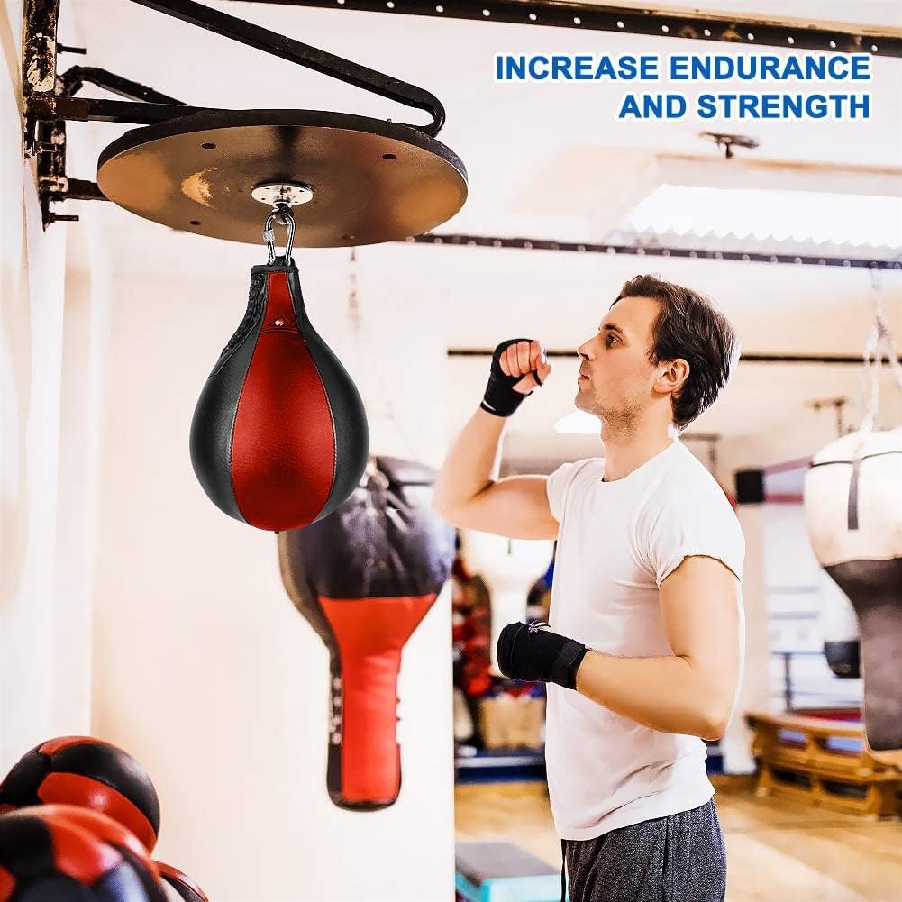 Kvittra Speed Punching Bag, Leather MMA Speed Bag Striking Bag Kit with Hanging Swivel Workout Speedball Kicking Platform Equipment