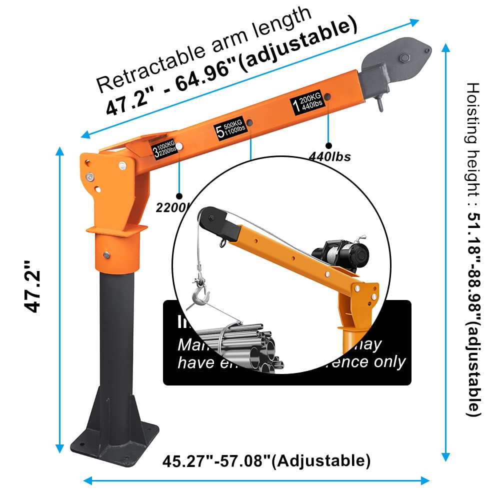 RUGCEL 2200 lb Folding Truck-Mounted Jib Crane, 360° Swivel, Painted Steel, with 5000 lb 12V Electric Winch