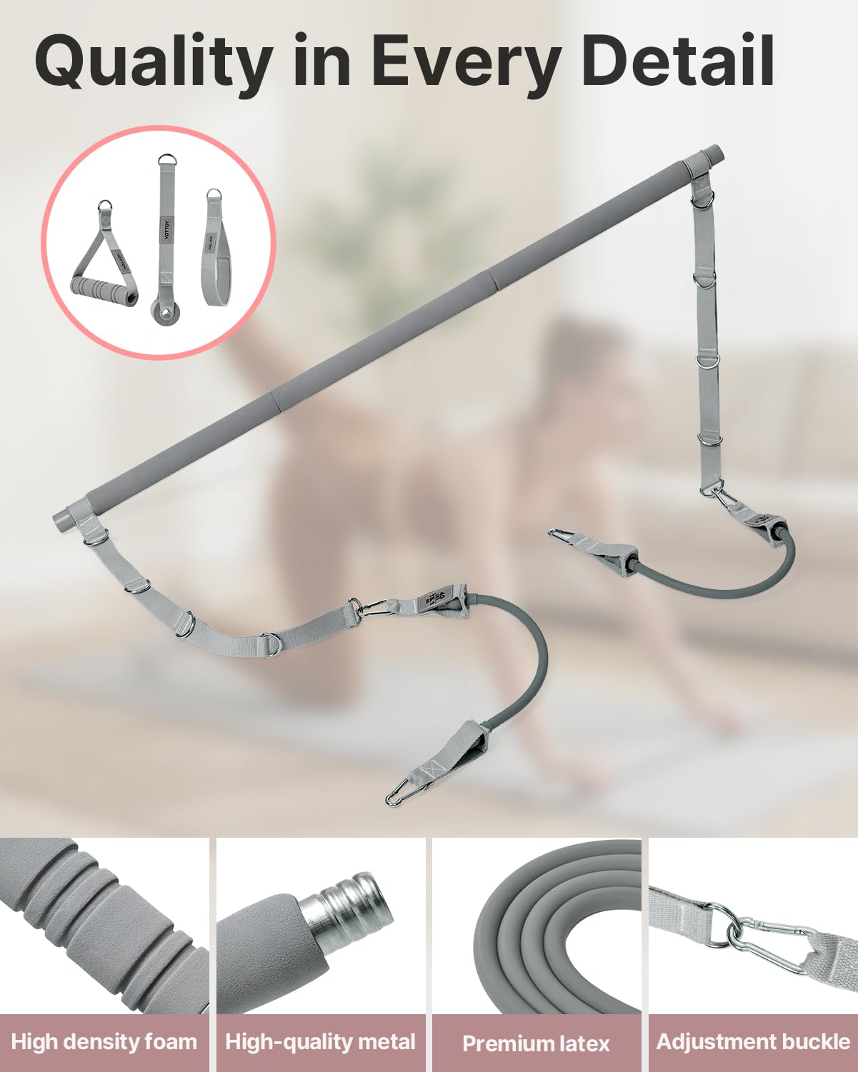 YOTTOY Pilates Bar Kit with Resistance Bands - 3-Bar Pilates Workout Equipment for Legs, Hips, Waist & Arms Workout, Portable Home Gym Exercise Equipment for Women & Men (Gray, 20/30lbs)