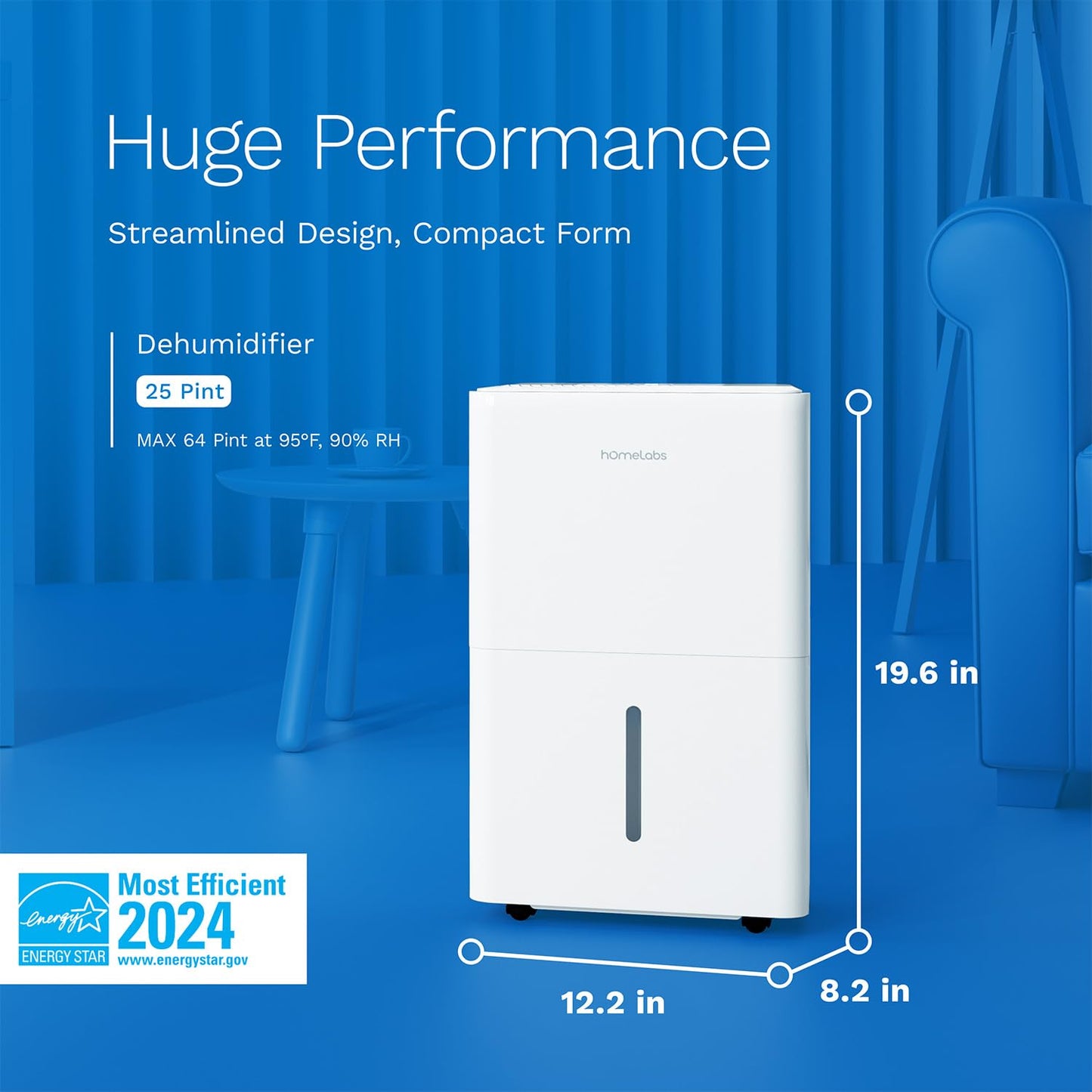 hOmeLabs Dehumidifier 3,500 Sq Ft Wi-Fi (25 Pint MAX 64 Pint at 95°F, 90% RH) for Advanced Humidity & Moisture Control, Quiet, Efficient, Auto Shut-off, Ideal for Home, Basement, Office