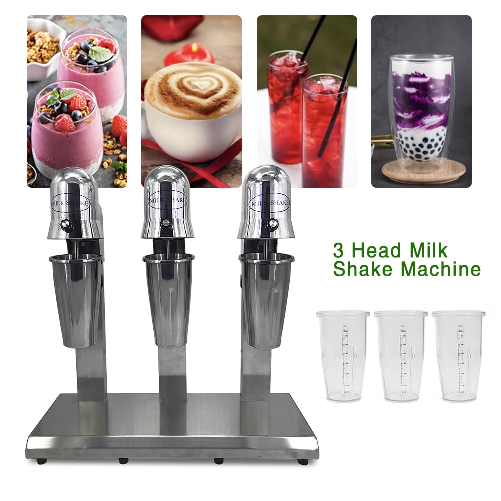Florchest 3 Head Drink Mixer,18000Rpm/Min High Speed Electric Milkshake Maker Machine with 3PC Cups and 3High-Class Stainless Steel Cups for Beverage Stores Cafes Canteens