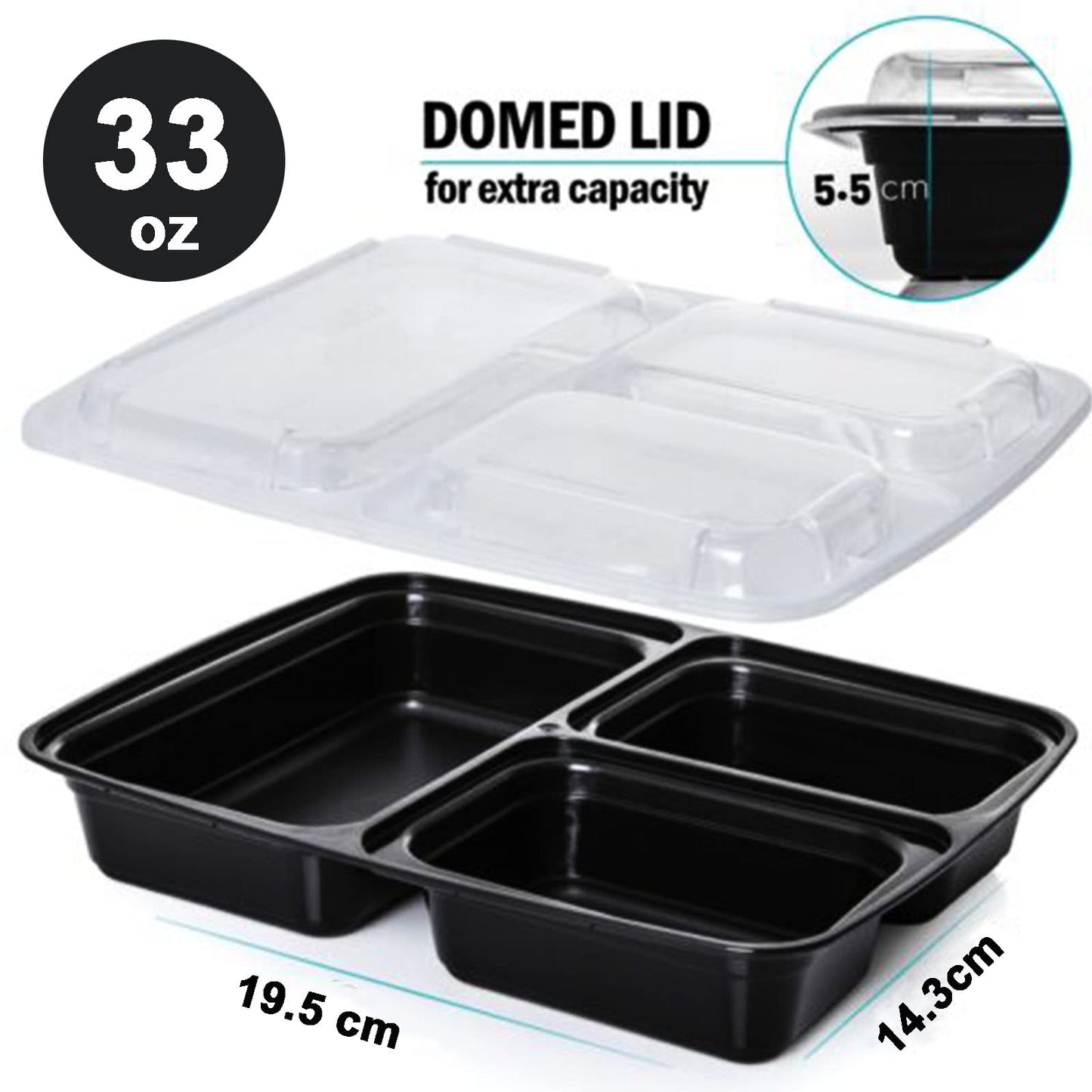 MORDEN MS Meal Prep Container With Lids, 50 Pack 3 Compartment Reusable Food Storage Container Divided Plastic Bento Box Lunch Box To-go Boxes(33oz)