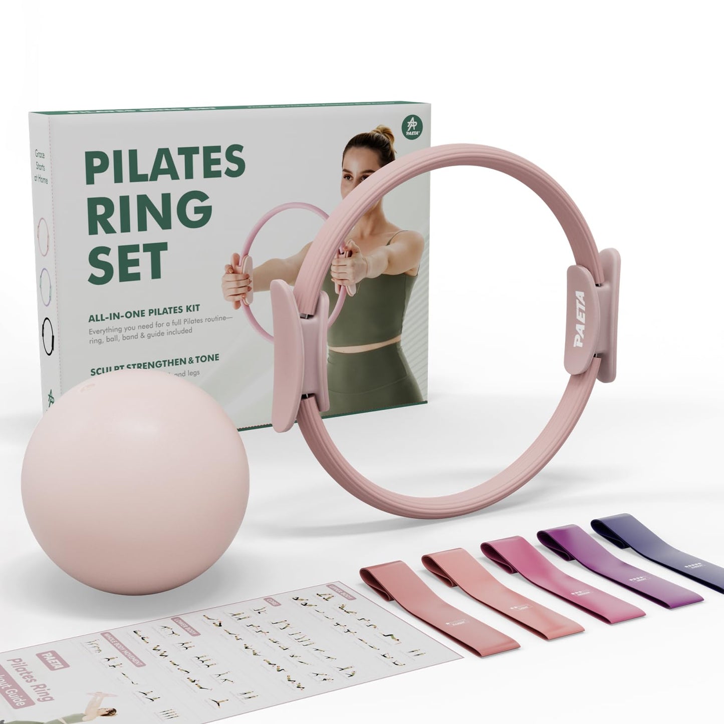 PAETA Pilates Ring Set – 14” Magic Circle (38 lbs Resistance), 9.8” Pilates Ball, 5 Resistance Bands, and Exercise Guide Included for Home Workouts(Pink)
