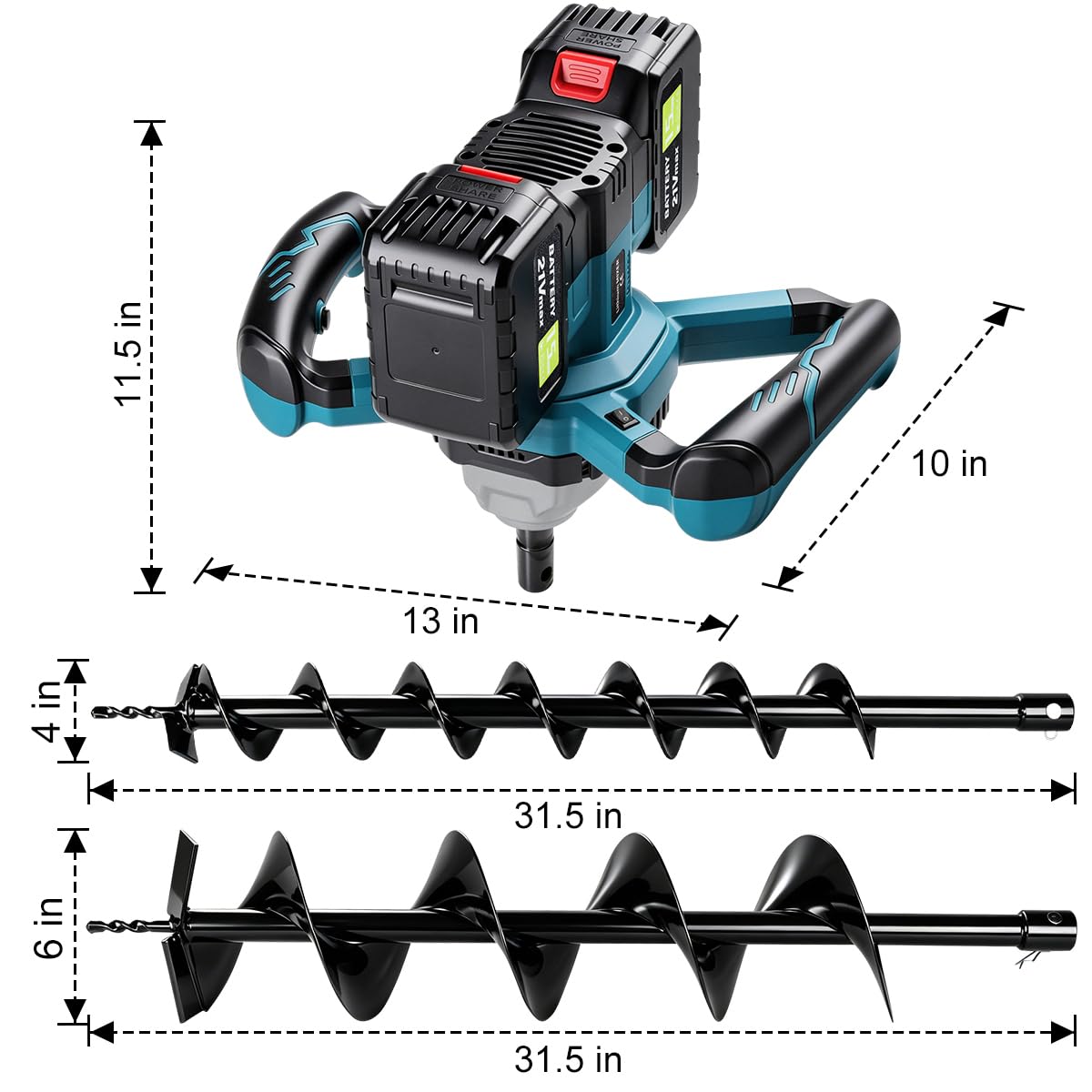Auger Post Hole Digger,Post Hole Auger,Electric Earth Auger,Includes 2 Drill bit.Two Batteries and Dual-Port Fast Charger,Forward/Reverse Function,for Post Hole Digging,Drilling,Tree Planting