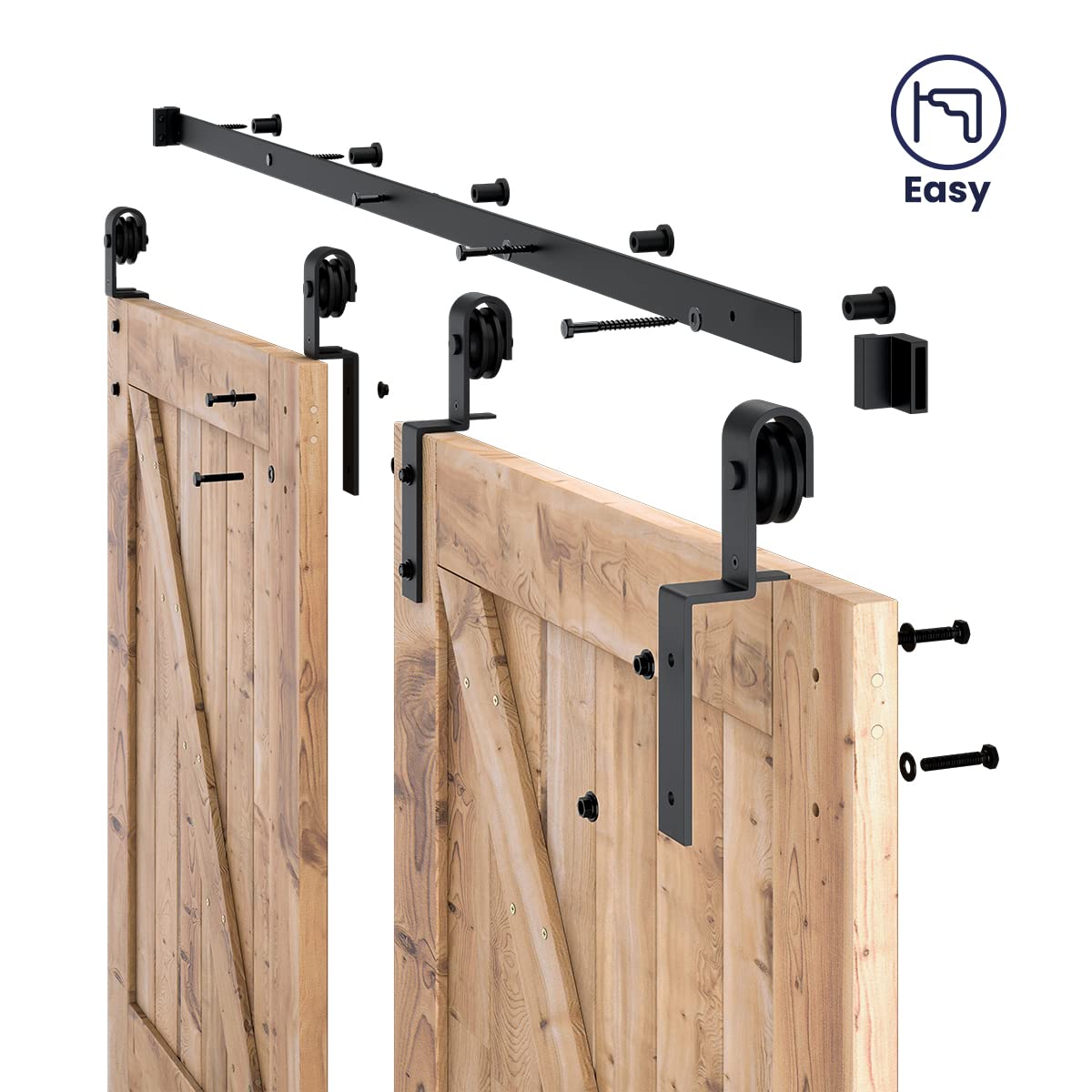 SMARTSTANDARD 6 Feet Bypass Sliding Barn Door Hardware Kit - for Double Wooden Doors-Single Track - Smoothly & Quietly - Easy to Install-Fit 60" Opening