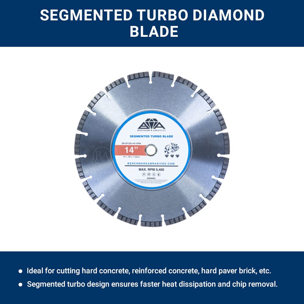 Benchmark Abrasives 14 Inch Segmented Turbo Diamond Blade for Angle Grinder Cutting Wheel with Steel Core for Cutting Brick Ceramic Tile Granite Marble - 14” Circular Saw Concrete - 5 Pack