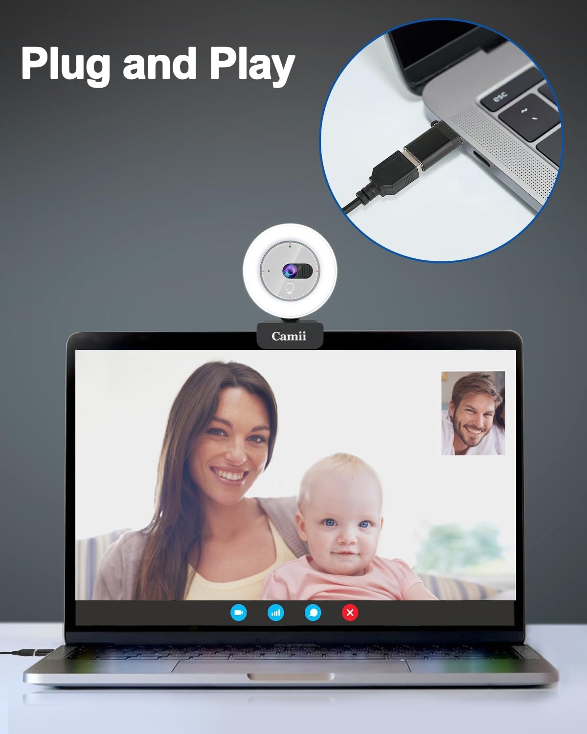 Camii 2K Webcam with Light, HD Webcam for PC with Built-in Privacy Cover, Adjustable Brightness, Noise Reduction Mics