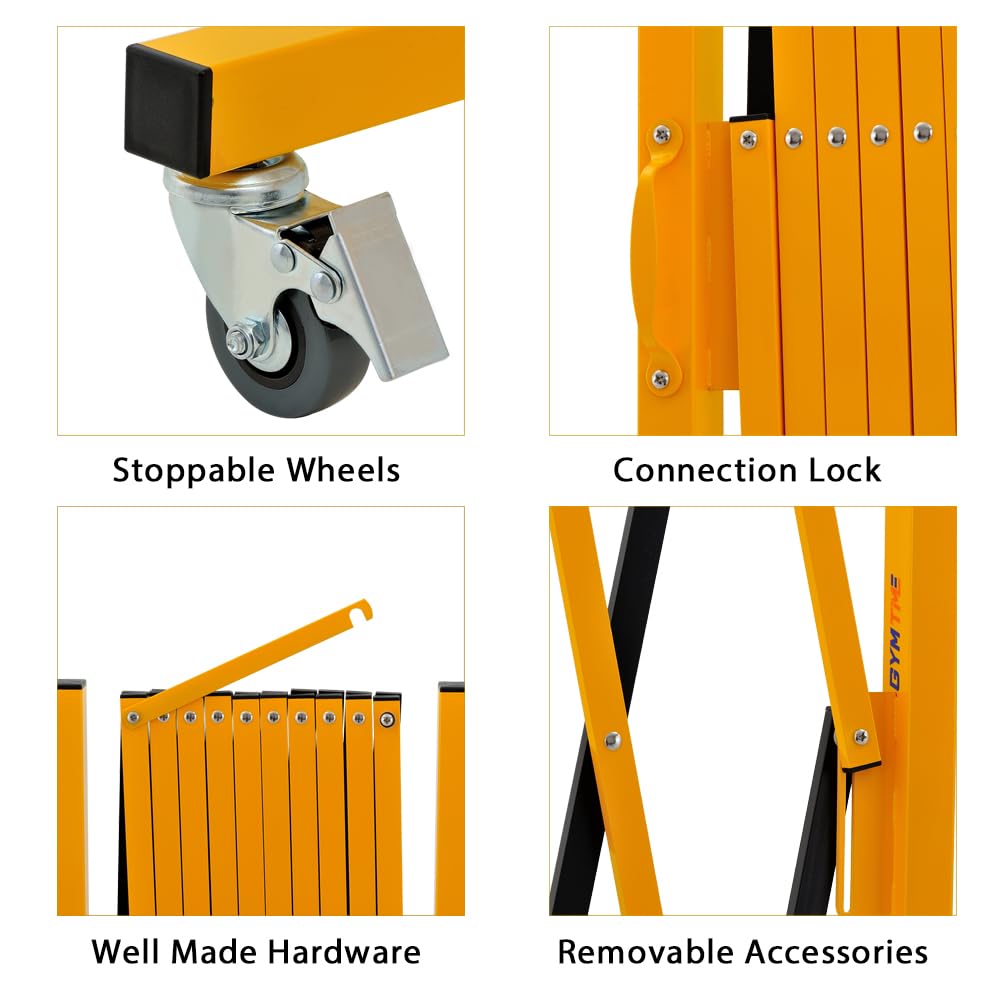 GYMTIME Industrial Expandable Metal Barricade, 11 FT, 47 inch high, Yellow and Black, Upgraded, Portable Safety Barrier with Casters, Flexible Fence Mobile Barrier Gate, Adjustable Traffic Fence