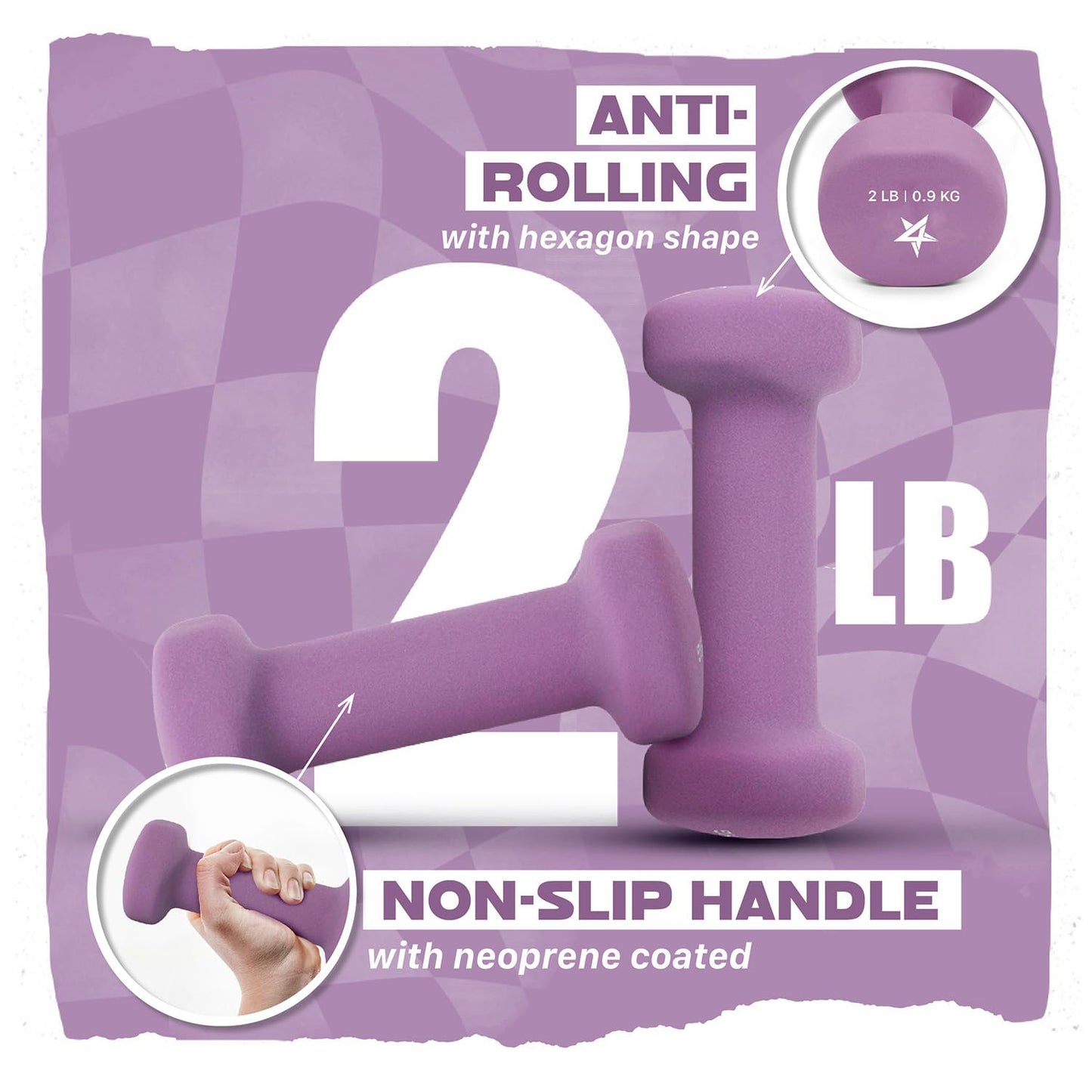 Yes4All Neoprene Coated Dumbbell Hand Weight Sets of 2 - Multiple Weight Options with 15 Colors, Anti-roll, Anti-Slip, Hexagon Shape, Purple, 2 lb Pair