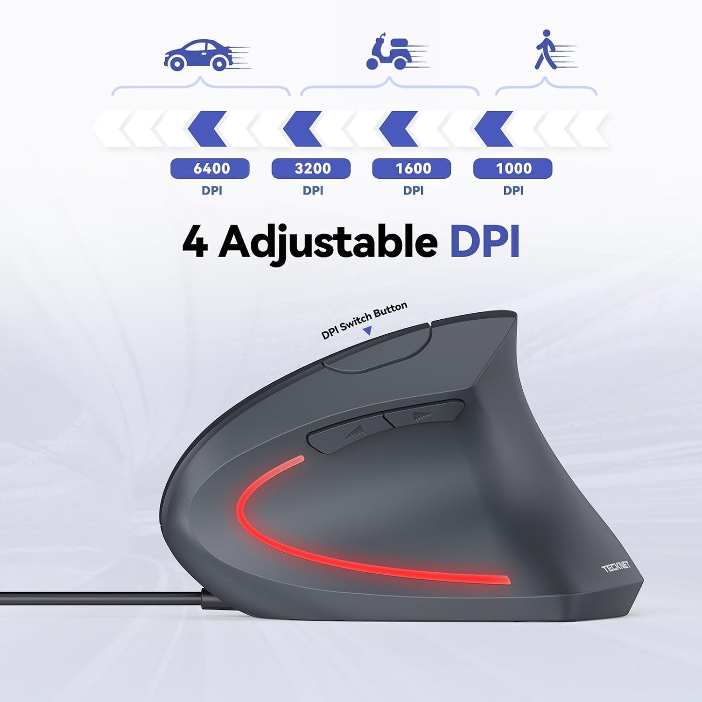 TECKNET 6400 6 4 Wired Mouse, DPI Ergonomic Mouse Buttons Silent Mice Adjustable DPI Vertical Mouse Compatible